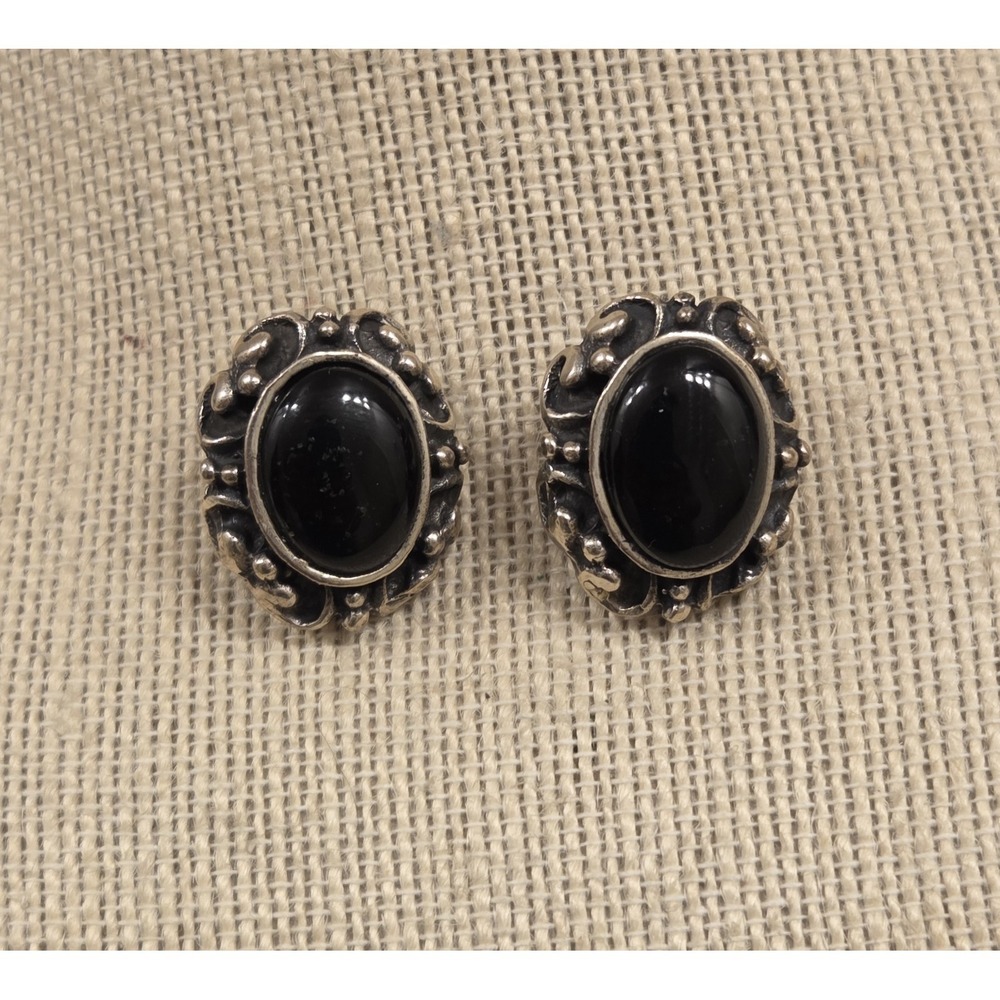 Art Deco Solid Sterling Silver Black Onyx Clip On Earrings Oval